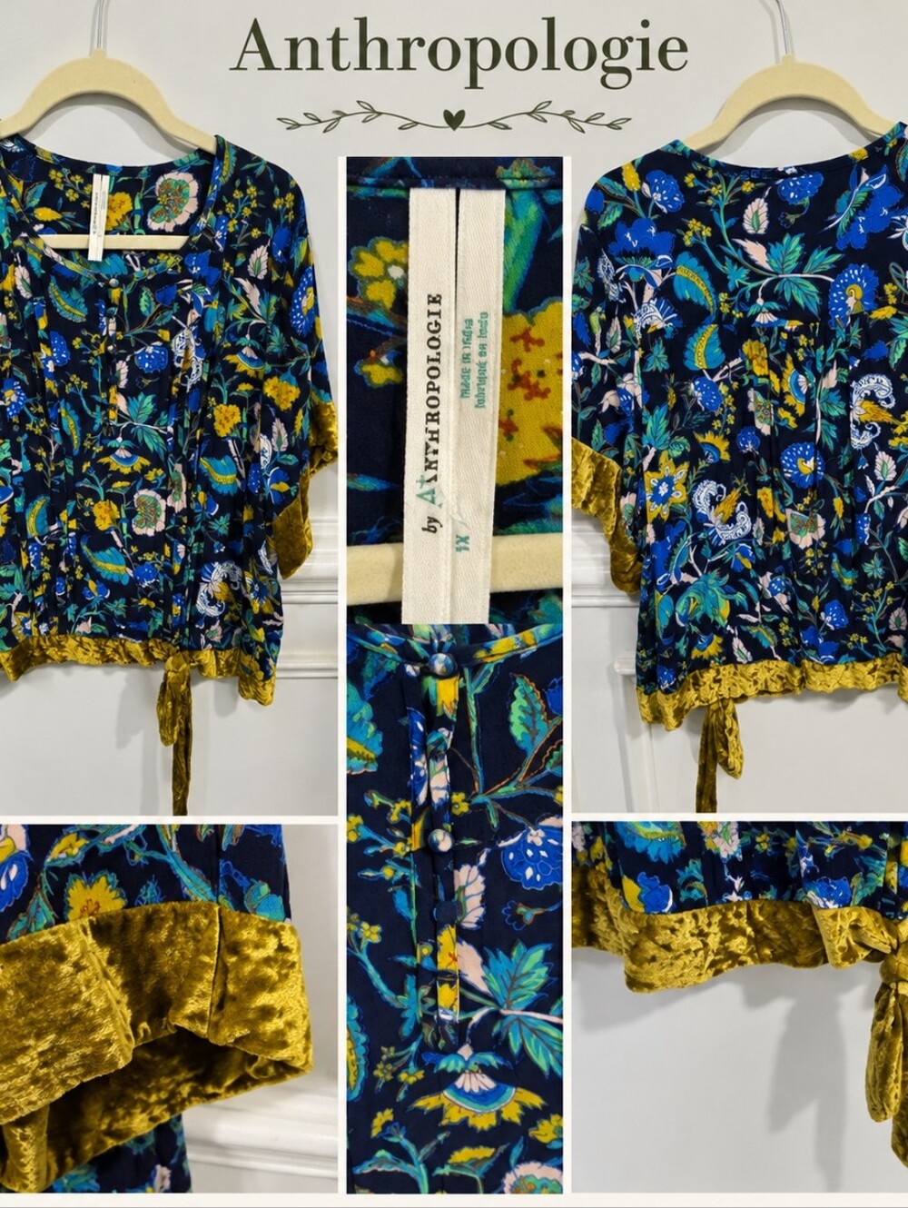 Anthropologie Navy Floral Velvet-Trim Kids Blouse